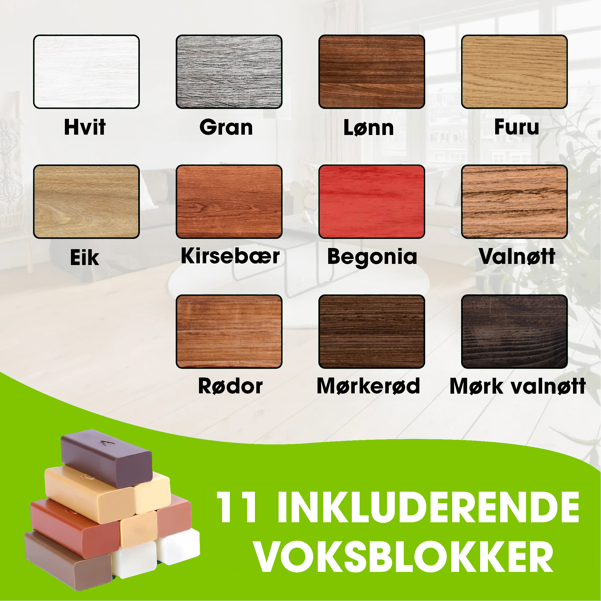 11-pack extra vax för träslöjd, lister och golv (vanliga färger)